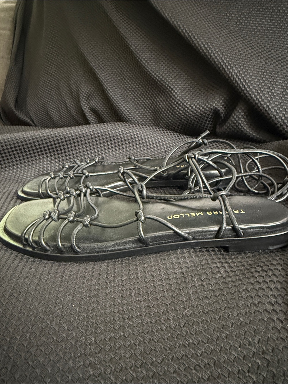 Tamara Mellon Black Knotted Lace-Up Flat Sandals - Picture 3 of 4